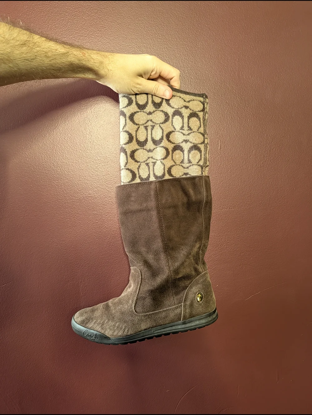 COACH Tatum Brown Suede Leather Fold-Over Wool Knit Monogram Logo Boots Sz7